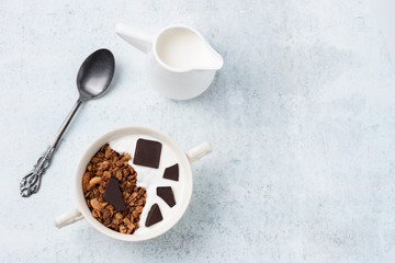 Granola, oatmeal with chocolate food background