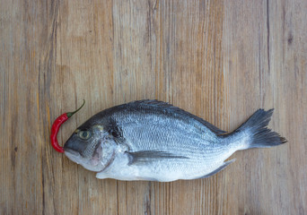 Raw dorado or sea bream fish on wooden table with red hot chili pepper, top view. Space for text