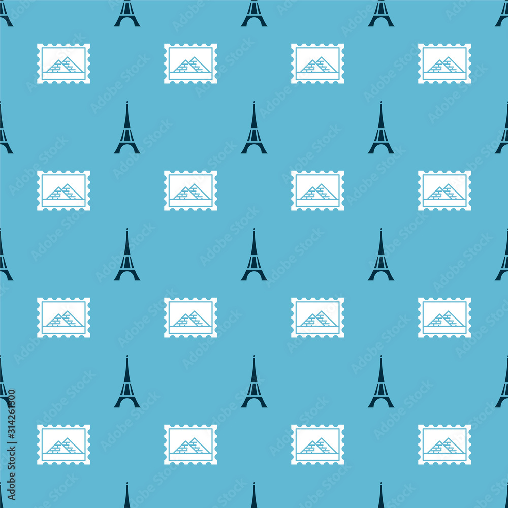 Wall mural set eiffel tower and postal stamp and egypt pyramids on seamless pattern. vector