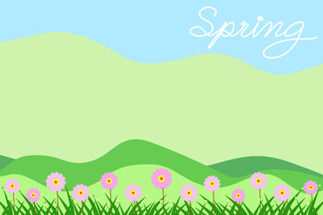 Obraz premium Hand drawing. Beautiful natural landscape of Spring season. Fresh grass and cute flowers. Copy space. Can be use for any card, banner, brochure, poster or web. Easter.