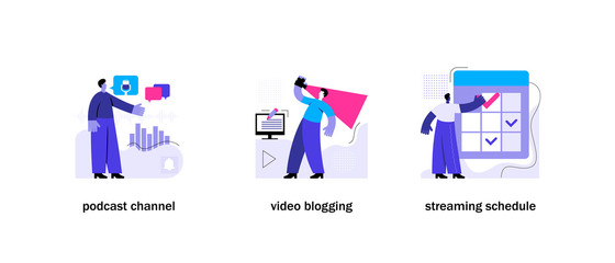 Blogging concepts set. Podcast channel, Video blogging, Streaming schedule. Mobile app page set templates. Flat Vector Illustration