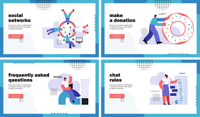 Blogging landing page set. Social networks, Make a donation, Frequently asked questions, Chat rules. Flat Vector Illustration