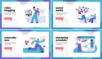 Blogging landing page set. Video blogging, Subscribe now, Social media, Streaming schedule. Flat Vector Illustration