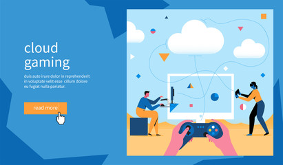 Cloud gaming banner. People play in cloud video games. Flat Vector Illustration