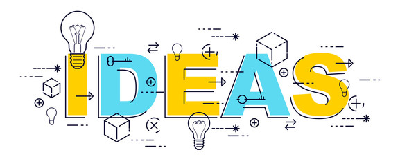 Ideas word with light bulbs, creative ideas concept, vector design.