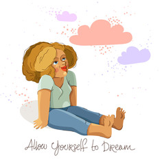 Cute adorable happy woman sitting barefoot on a ground isolated on white, enjoy every moment of life concept, allow yourself to dream, rest and calm, ease and laze.