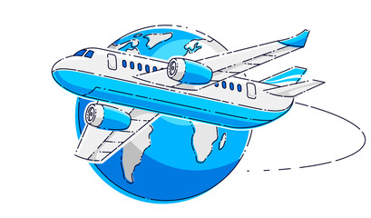 Plane airliner with earth planet, airlines air travel emblem or illustration. Beautiful thin line vector isolated over white background.