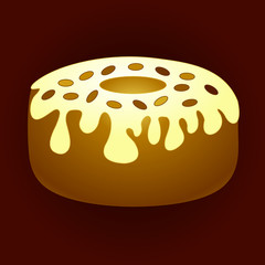 white icing donut sprinkled with sesame seeds, color vector illustration on brown isolated background