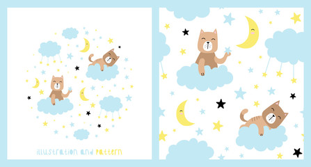 Illustration and pattern with cute cat