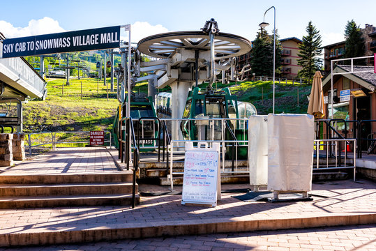 Aspen, USA - June 24, 2019: Snowmass village town in Colorado downtown with sky cab gondola entrance sign in summer