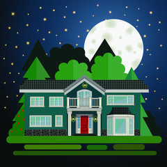 Naklejka premium Vector illustration rest in the forest. House in the forest. Night landscape. Moon. Starry sky.