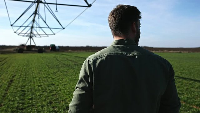 Young farmer walking in wheat field and examining crop.