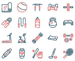 Sport equipment linear color vector icons set