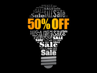 50 percent Off Sale light bulb word cloud collage, business concept background