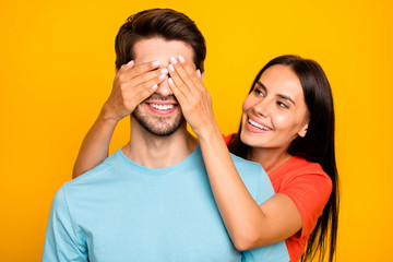 Guess who. Photo of two adorable guy lady people couple closing eyes romance surprise visit wear...