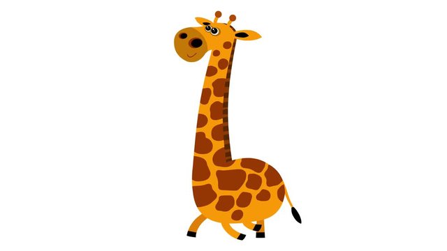Cartoon giraffe flat design children animation walking cycle. Alpha channel included. Cute 2d hand made African yellow brown animal character animation good for any use. 