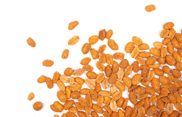 Spicy peanuts pile isolated on white background, top view