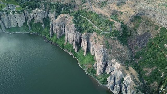 Steep Cliffs and Canyon of Snake River, Drone Aerial View. Shoshone Falls State Park, Idaho USA
