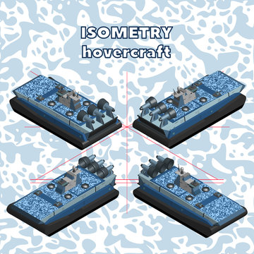 Isometric 3D landing hovercraft in a spotty protective color. In four projections