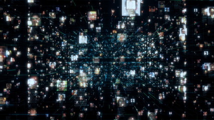 Fototapeta na wymiar a social network with a stream of unrecognizable people portraits moving along blue network grid and data connections in black cyberspace background, 3d rendering 4K footage