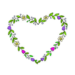 Hand drawn wreath in a heart shape with flowers. Floral sketch borders, heart frame