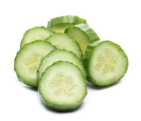 Fresh cucumber slices isolated on white background