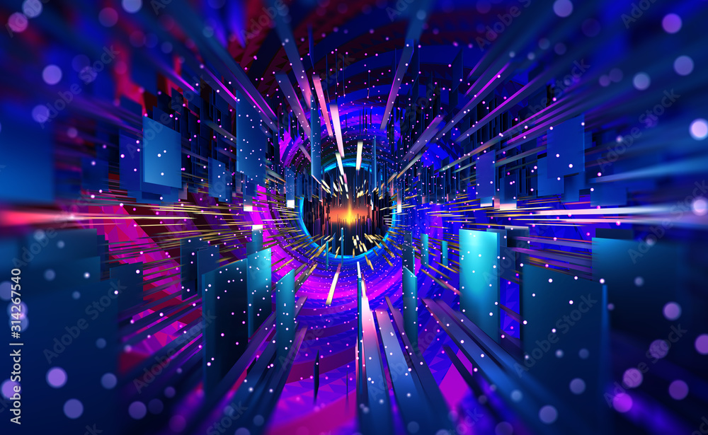 Poster Flight. High speed internet technology. Portal 3D illustration. Space and time, global digital database in cyberspace of artificial intelligence
