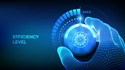Efficiency levels knob button. Increasing Efficiency Level. Wireframe hand turning a efficiency test knob to the maximum position. Development and growth business concept. Vector illustration.