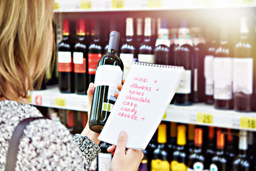 Girl chooses bottle of wine in store