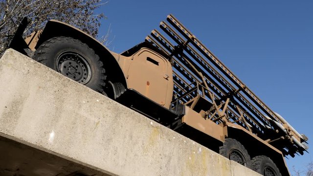 Cabin and wheels of famous WW2 Soviet vehicle called Stalin organs 4K footage