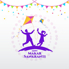 Happy Makar Sankranti greeting card design. cartoon indian boy and girl playing kite in the field celebrating Makar Sankranti festival