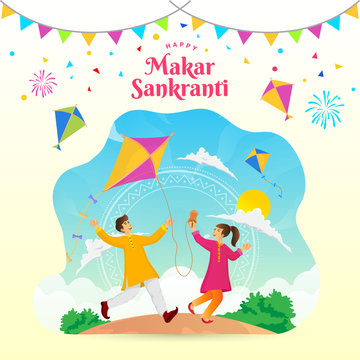 Happy Makar Sankranti greeting card design. cartoon indian boy and girl playing kite in the field celebrating Makar Sankranti festival