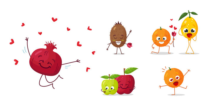 Set of cute couples in love fruit. Vector illustration.