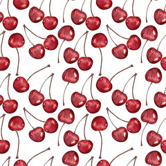 Watercolor seamless pattern with ripe cherry berries