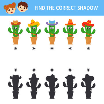 Education logic game for preschool kids. Kids activity sheet. Find the correct shadow. Cute cactuses with cowboy hat. Children funny riddle entertainment. Vector illustration