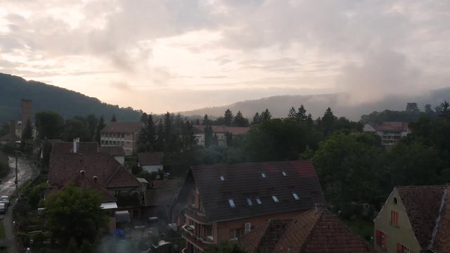 4k Sighisoara Drone Footage Rising Over Ancient Europe Town Sunset