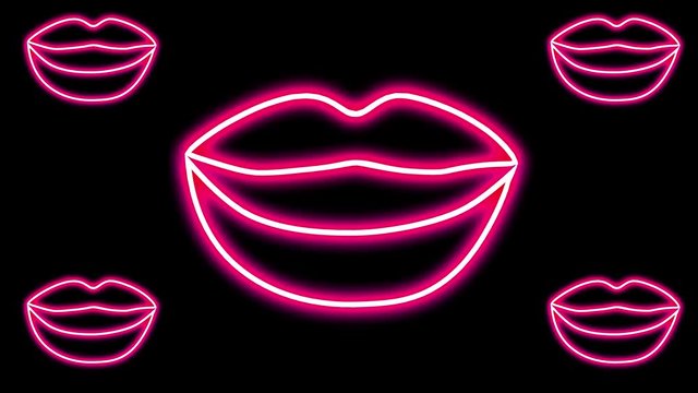 Abstract background. neon glowing lips open and close on a black background