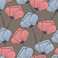 Seamless background with hand-drawn floral pattern. Poppies on a brown background. It can be used for decoration of textile, paper and other surfaces. 