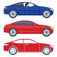 The car is a blue and red sedan. The icon of the car. The girl behind the wheel of a car. Vector illustration isolated on white background for design and web in simple style and cartoon style.