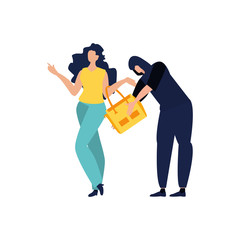 Thief, pickpocket or rubber dressed in hoodie stealing woman's bag. Bad guy. Criminal committing crime and victim. Robbery or theft scene. Vector illustration in a Flat cartoon style.