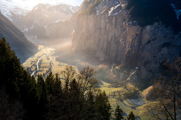 fairytale-like light on a winter morning over Lauterbrunnen Valley