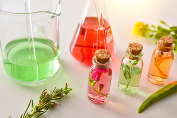 Bottles with plant essence in laboratory elevated view
