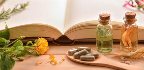 Traditional medicine with plants and book close up