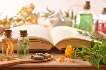 Traditional medicine with herbs and book on table front view - obrazy, fototapety, plakaty