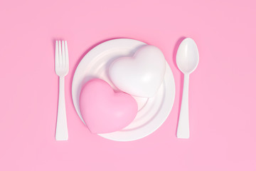 Sweet pink and white heart in dish on pastel pink background 3d rendering. 3d illustration colorful of love and Valentines Day greeting card minimal concept.