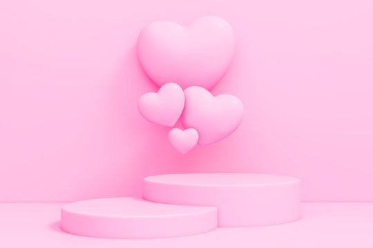 Pastel pink podium stage and sweet heart shape backdrop for product display stand or used in other designs 3d rendering. 3d illustration Love and Valentines day template minimal style concept.