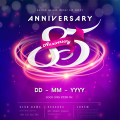 85 years anniversary logo template on purple Abstract futuristic space background. 85th modern technology design celebrating numbers with Hi-tech network digital technology concept design elements.