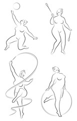 Collection. Gymnastics Silhouette of a girl with a hoop, ribbon, ball, clubs. The woman is overweight, a large body. The girl is a full figure. Set of vector illustrations.