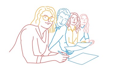 Business team seating at the table. Colour line drawing vector illustration.