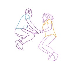 Obraz na płótnie Canvas Jumping couple. Man and woman. Colour line drawing vector illustration.